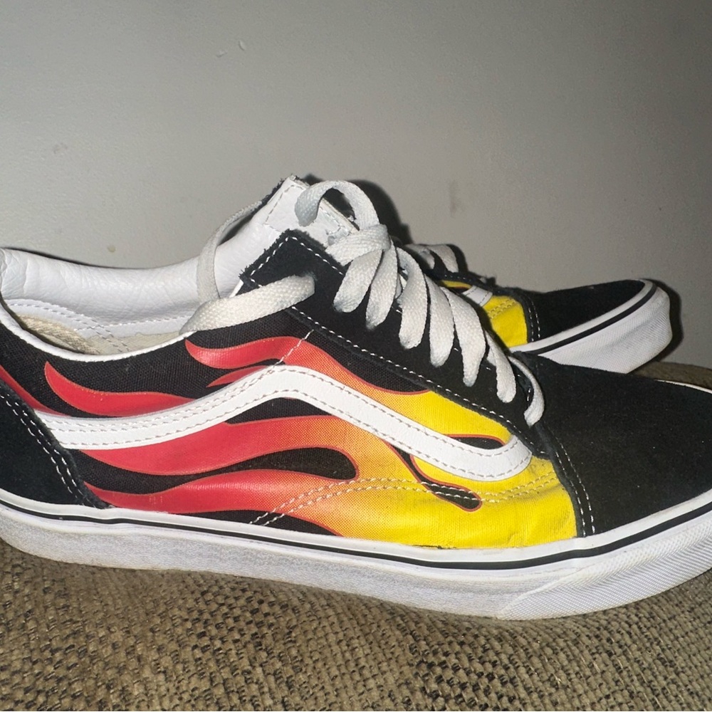 Vans Black Sneakers with Red and Yellow Flames